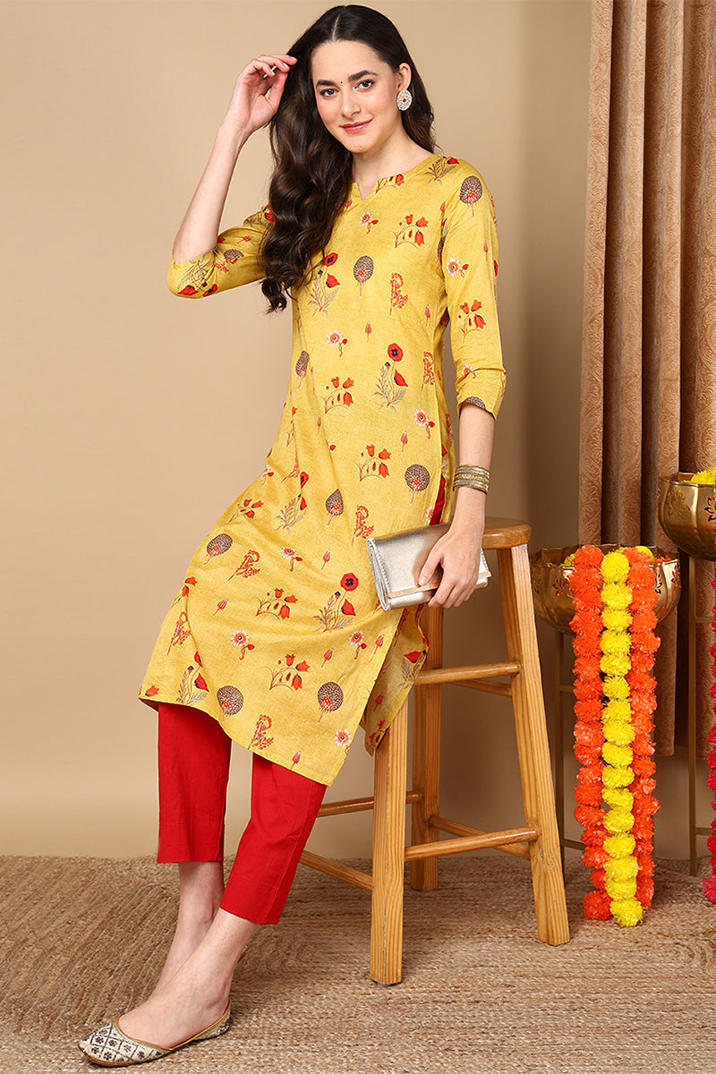 Mustard Yellow & Red Floral Print Straight Kurta VCK1595