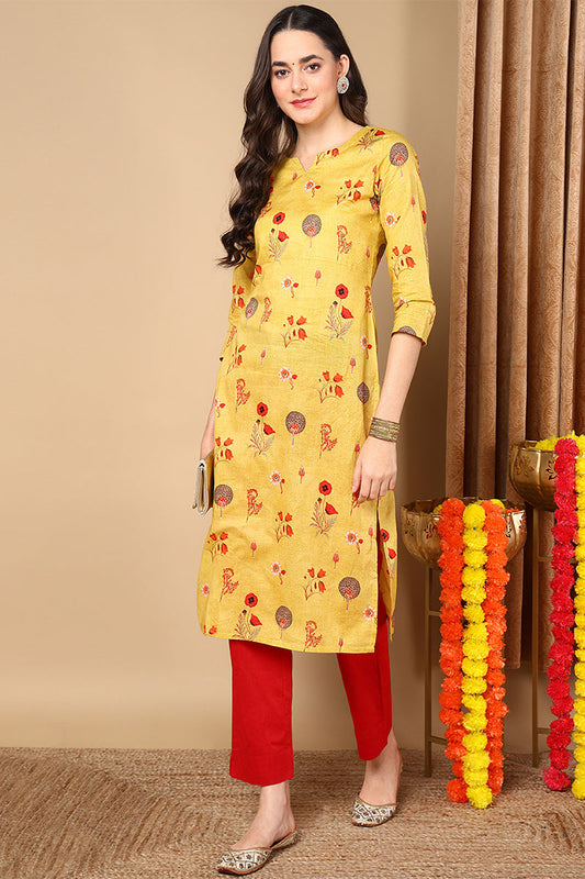 Mustard Yellow & Red Floral Print Straight Kurta VCK1595