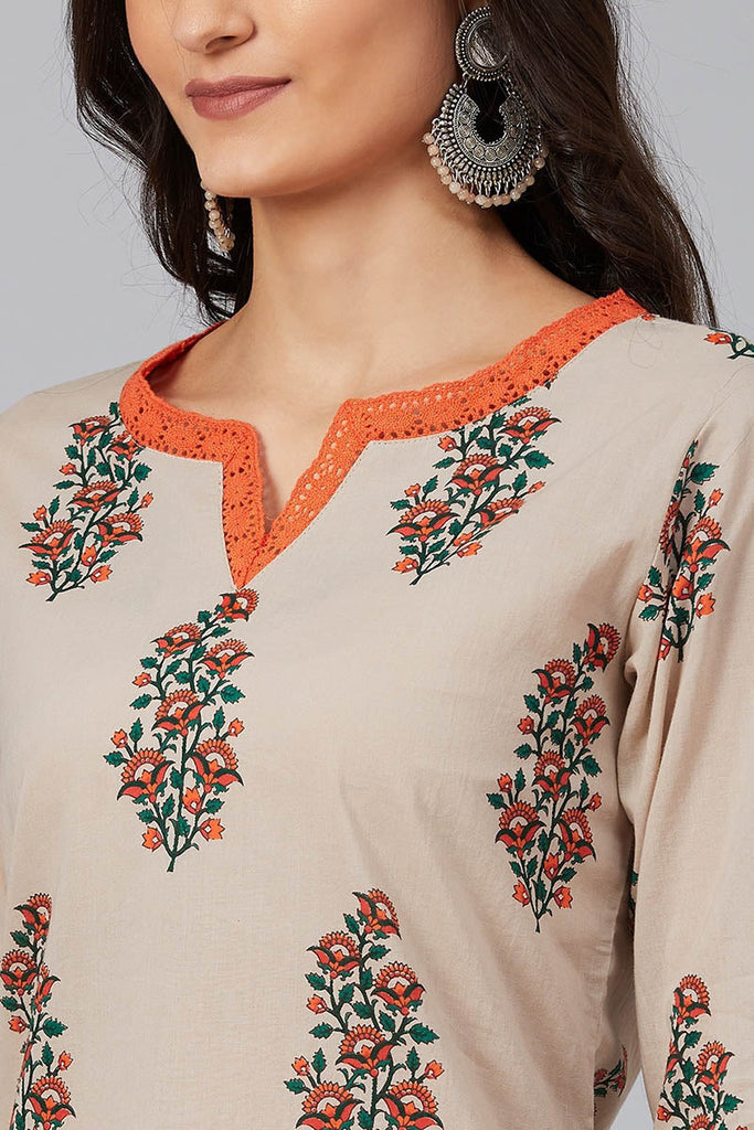  Women Beige Rust Orange Screen Printed A Line Kurta