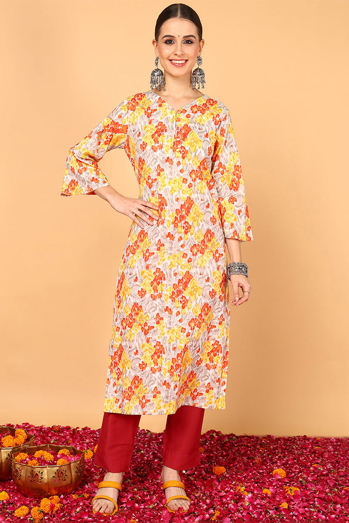 Grey & Mustard Yellow Screen Floral Printed Straight Kurta VCK1639