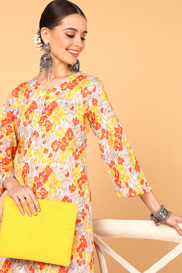 Grey & Mustard Yellow Screen Floral Printed Straight Kurta VCK1639