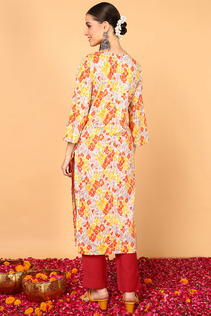 Grey & Mustard Yellow Screen Floral Printed Straight Kurta VCK1639