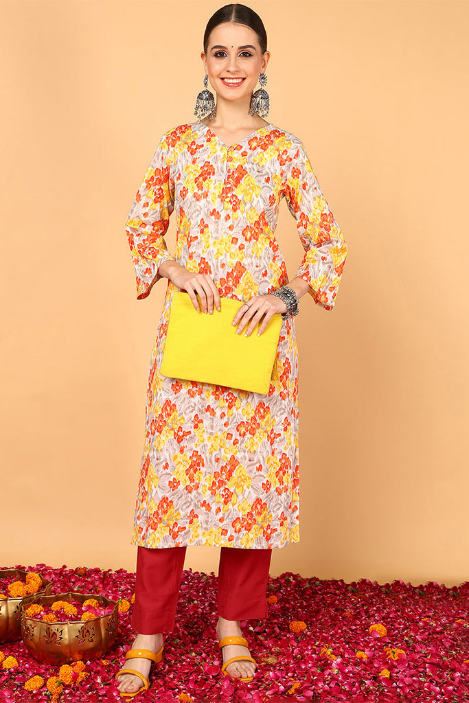 Grey & Mustard Yellow Screen Floral Printed Straight Kurta VCK1639