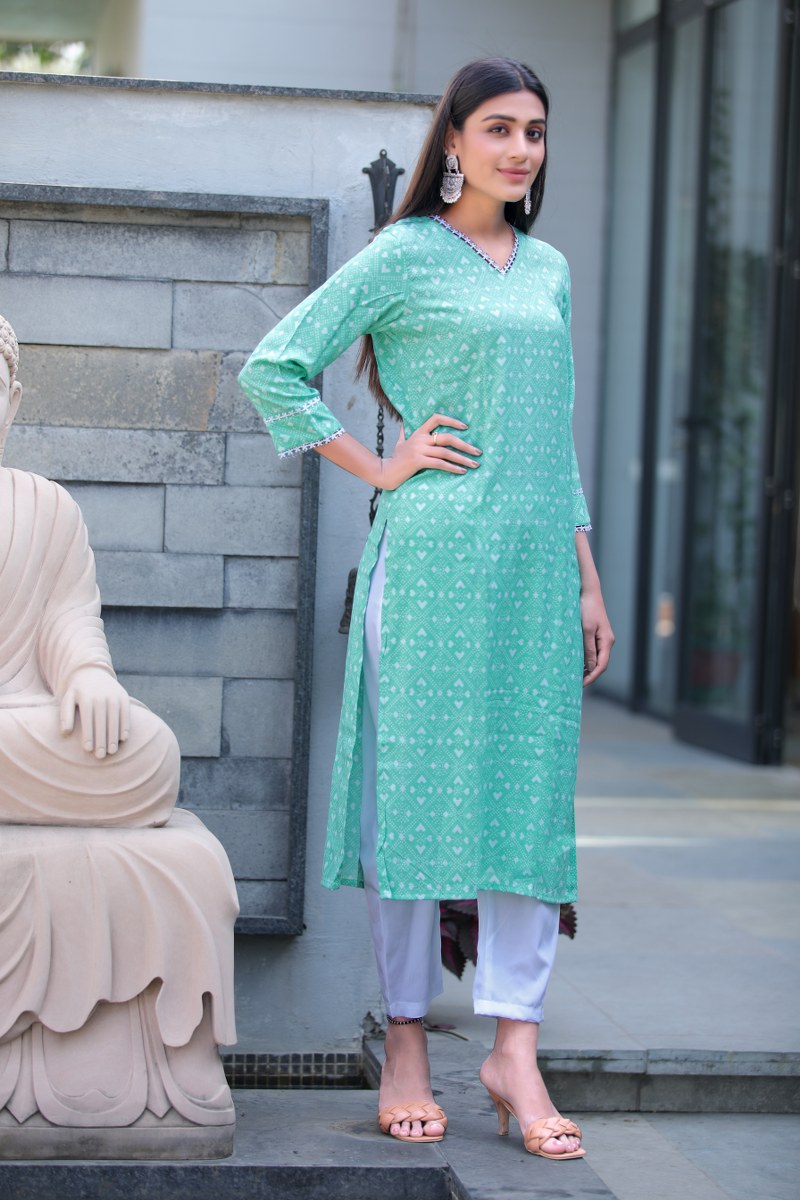   Cotton Green And White Printed A Line Kurta