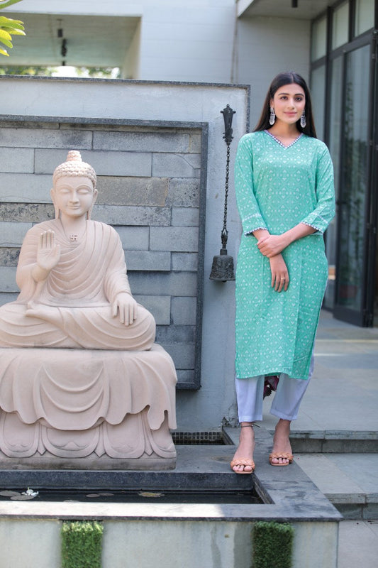   Cotton Green And White Printed A Line Kurta