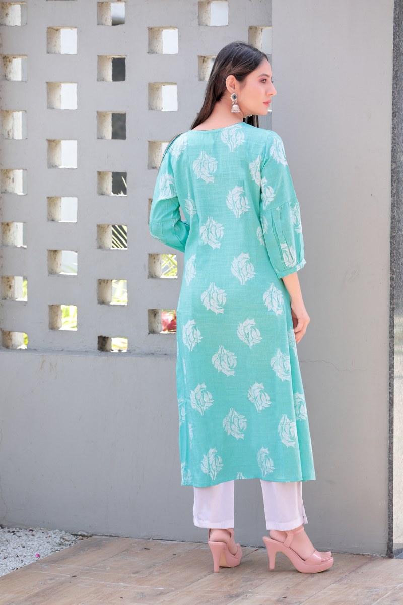   Blue And White Cotton Printed Straight Kurta