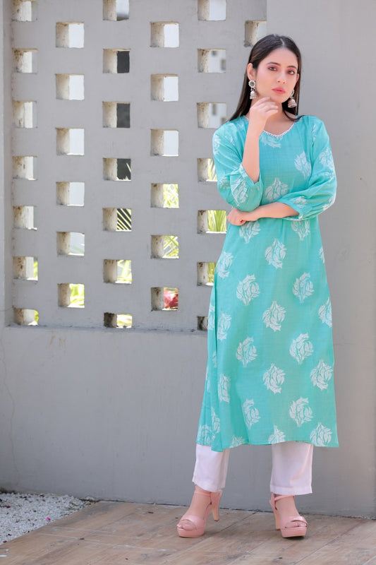   Blue And White Cotton Printed Straight Kurta