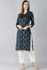   Teal Blue And Gold Coloured Printed Straight Kurta