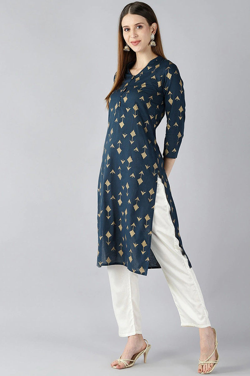   Teal Blue And Gold Coloured Printed Straight Kurta