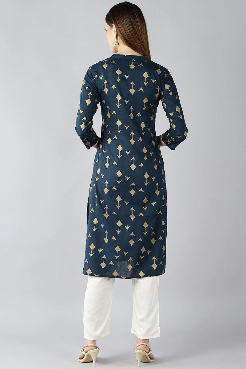   Teal Blue And Gold Coloured Printed Straight Kurta