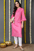 Women Pink And White Bandhani Printed Straight Kurta With Flared Sleeves VCK1844E