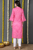 Women Pink And White Bandhani Printed Straight Kurta With Flared Sleeves VCK1844E