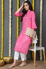 Women Pink And White Bandhani Printed Straight Kurta With Flared Sleeves VCK1844E