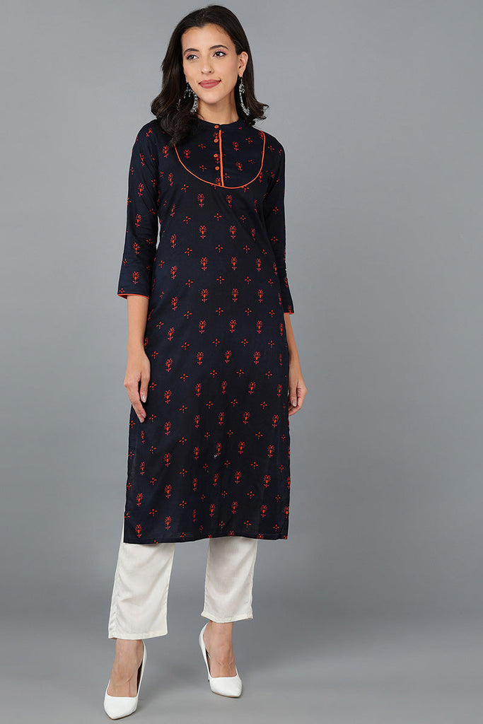 Women Navy Blue And Pink Printed Straight Kurta VCK8122