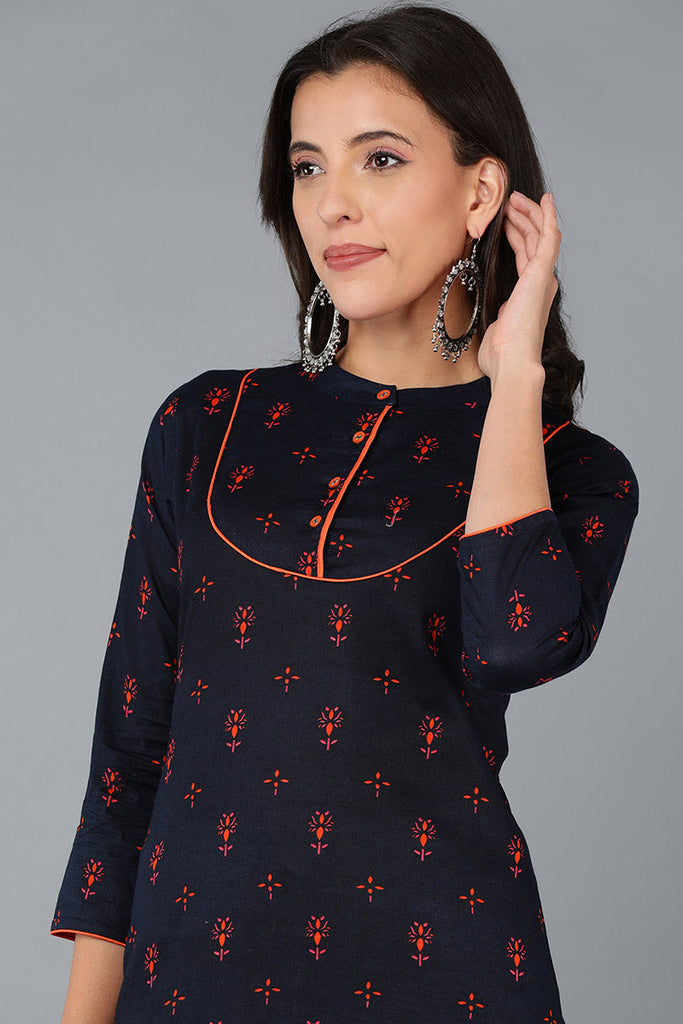 Women Navy Blue And Pink Printed Straight Kurta VCK8122