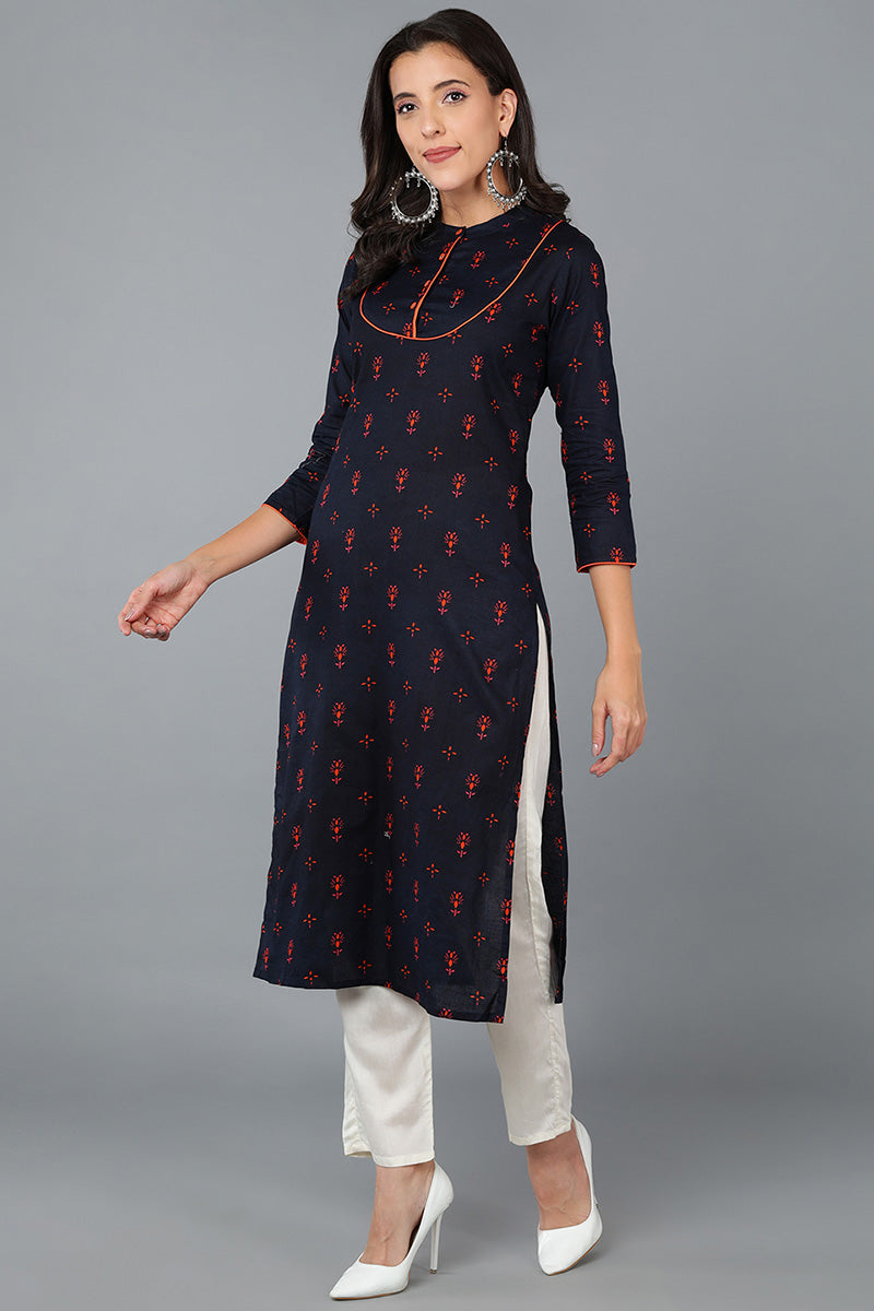 Women Navy Blue And Pink Printed Straight Kurta VCK8122