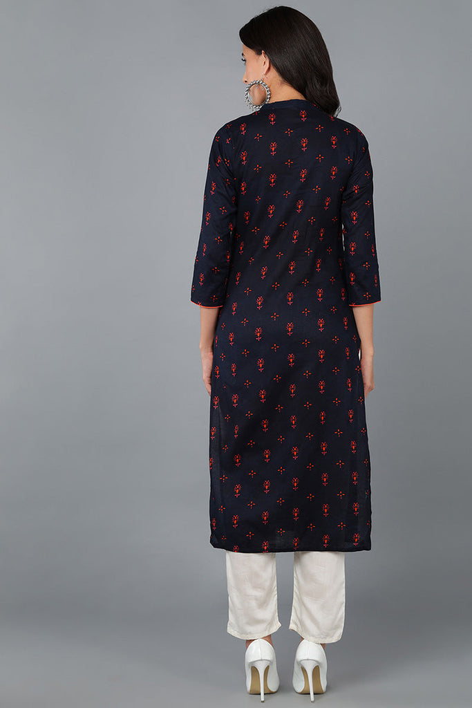 Women Navy Blue And Pink Printed Straight Kurta VCK8122