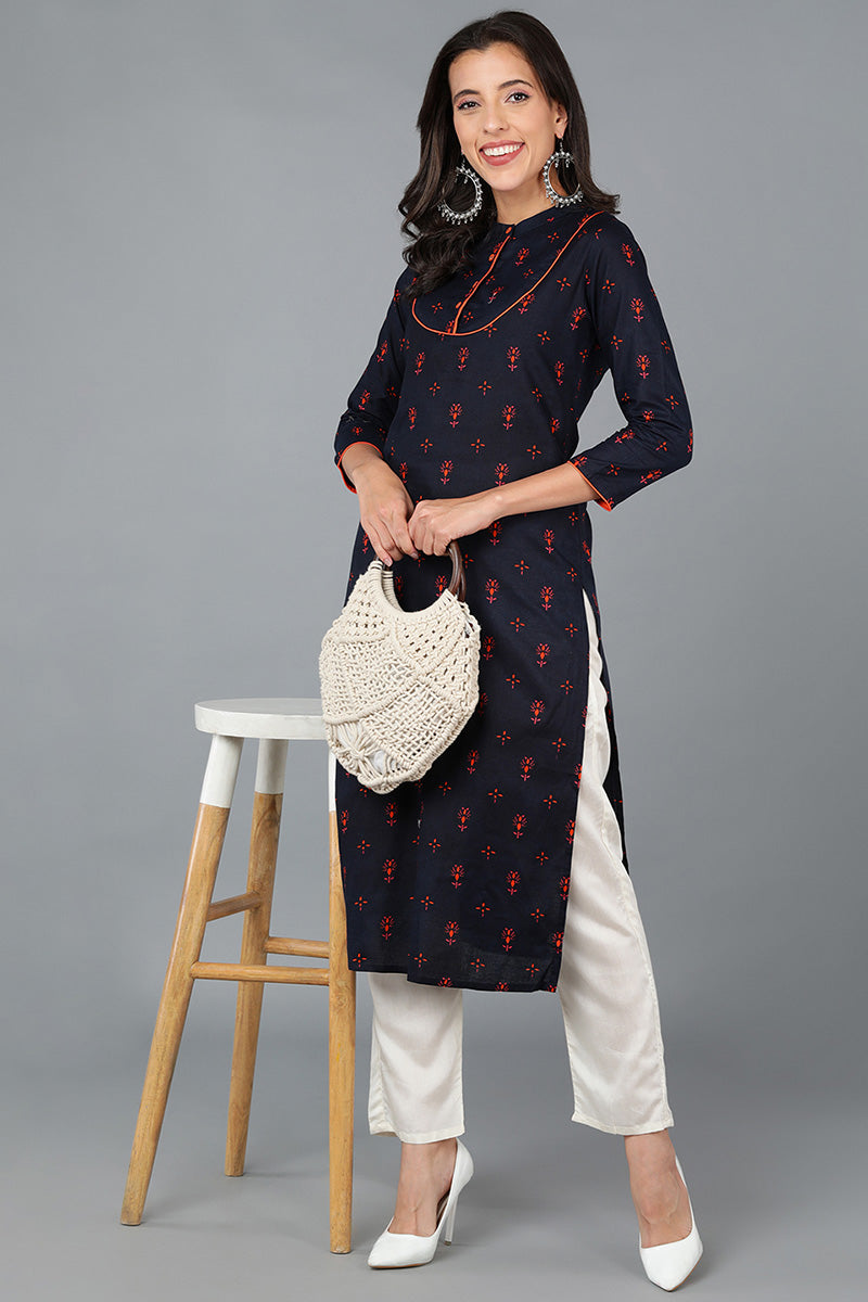 Women Navy Blue And Pink Printed Straight Kurta VCK8122