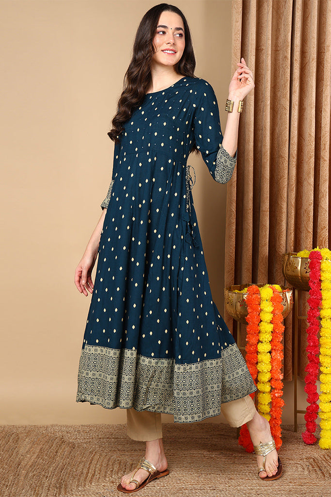 Navy Blue Viscose Rayon Geometric Printed Flared Kurta VCK8163