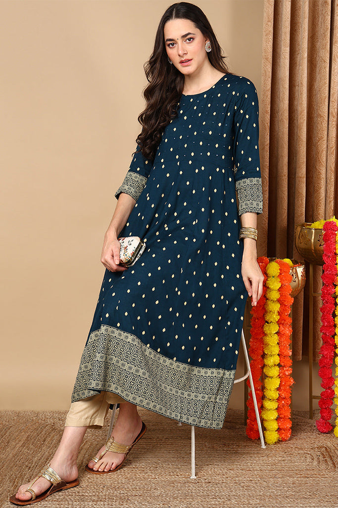 Navy Blue Viscose Rayon Geometric Printed Flared Kurta VCK8163