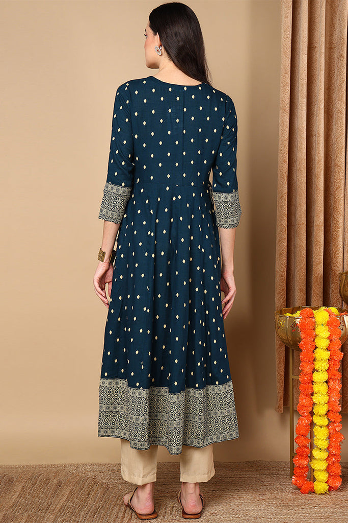 Navy Blue Viscose Rayon Geometric Printed Flared Kurta VCK8163