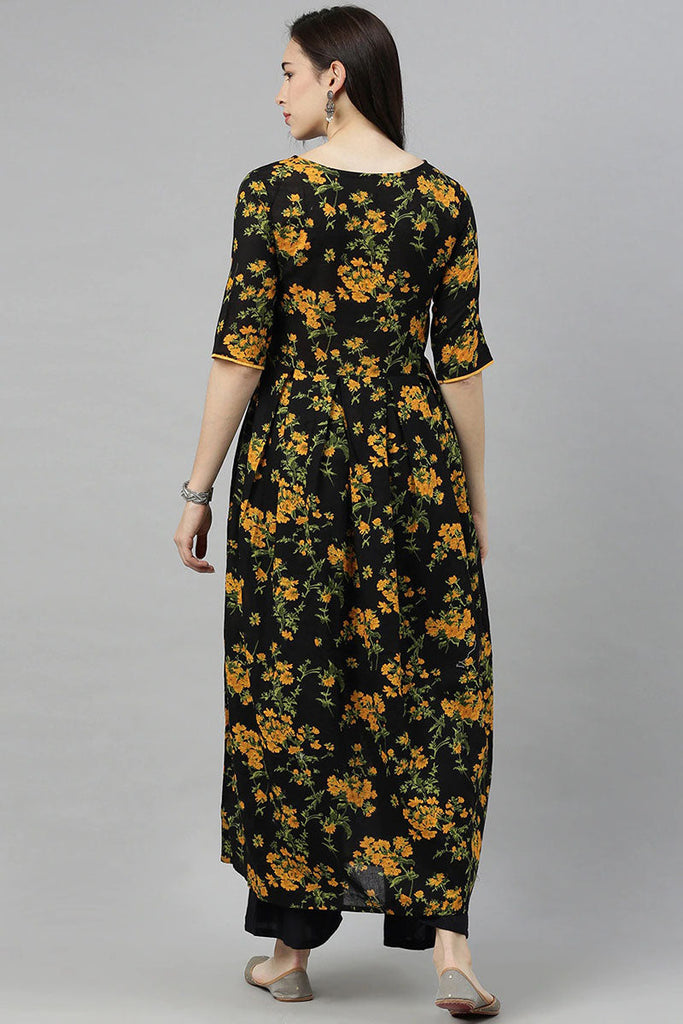  Women Black Floral Printed Keyhole Neck Kurta