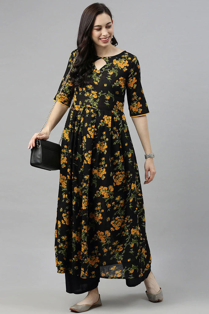  Women Black Floral Printed Keyhole Neck Kurta