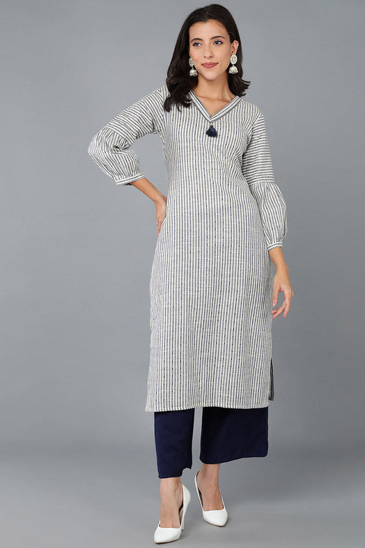 Women Cotton White Striped Printed Straight Kurti VCK8373