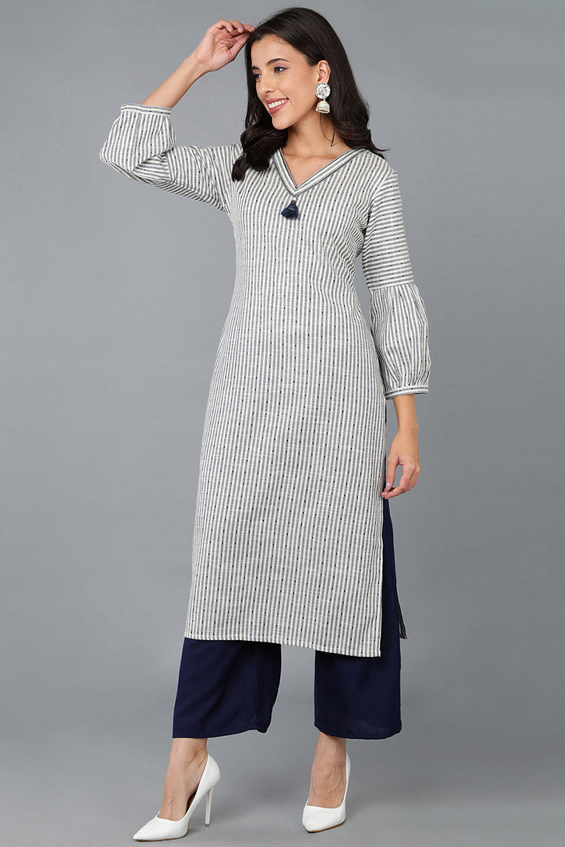 Women Cotton White Striped Printed Straight Kurti VCK8373