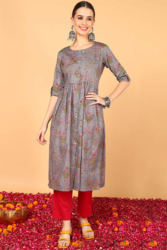 Women Cotton Grey Ethnic Motifs Printed A Line Kurti VCK8386