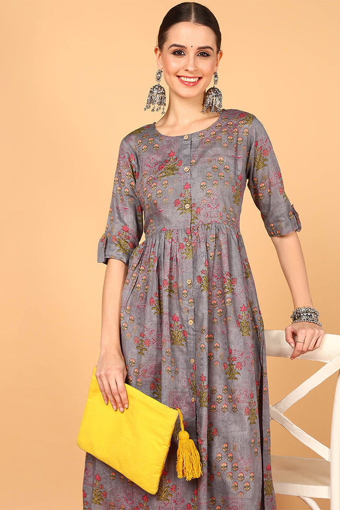 Women Cotton Grey Ethnic Motifs Printed A Line Kurti VCK8386