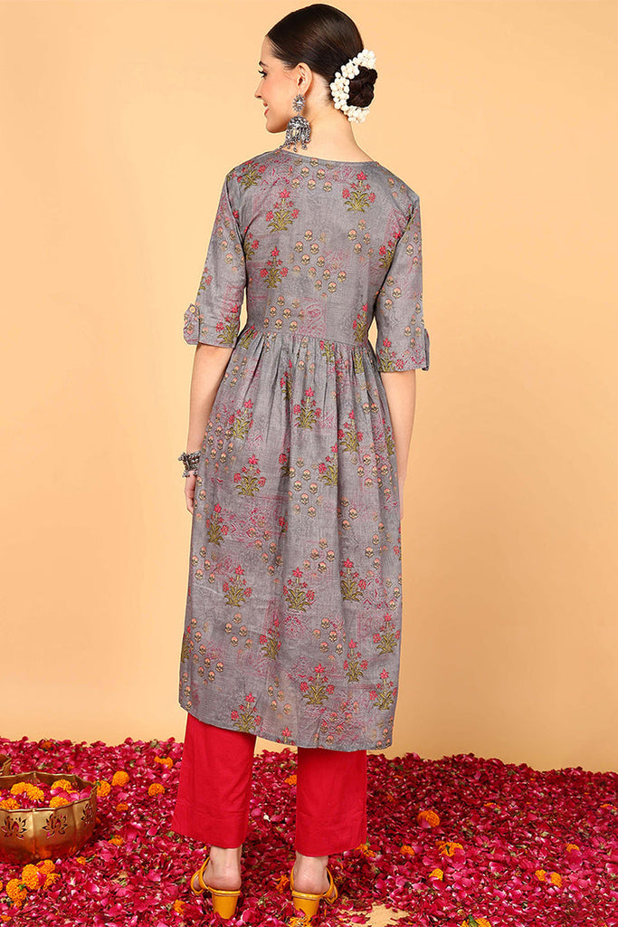 Women Cotton Grey Ethnic Motifs Printed A Line Kurti VCK8386