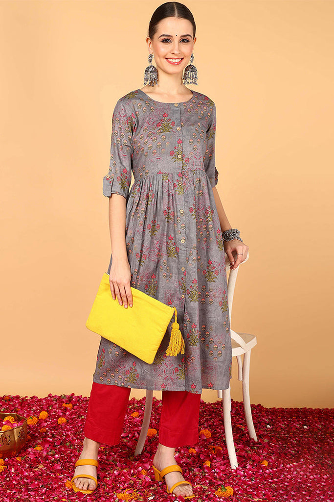 Women Cotton Grey Ethnic Motifs Printed A Line Kurti VCK8386