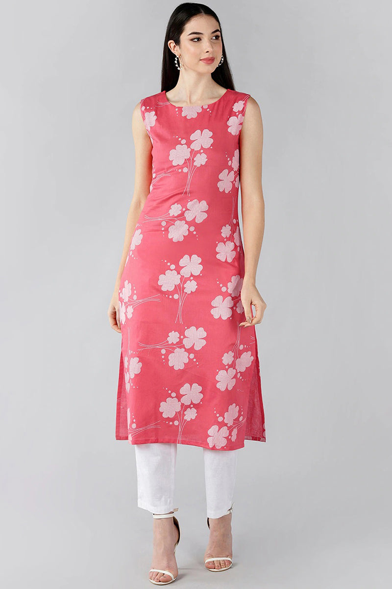 Peach Cotton Floral Straight Kurta VCK8488