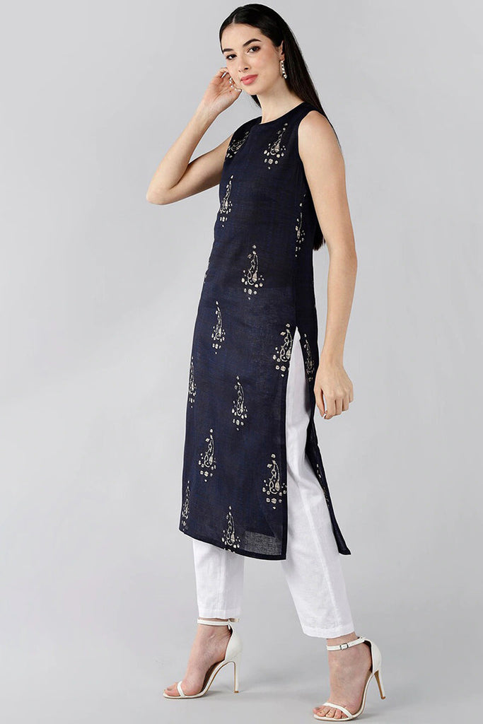 Navy Blue Cotton Paisley Straight Kurta VCK8489