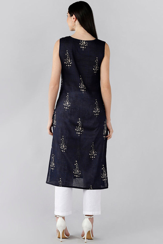 Navy Blue Cotton Paisley Straight Kurta VCK8489