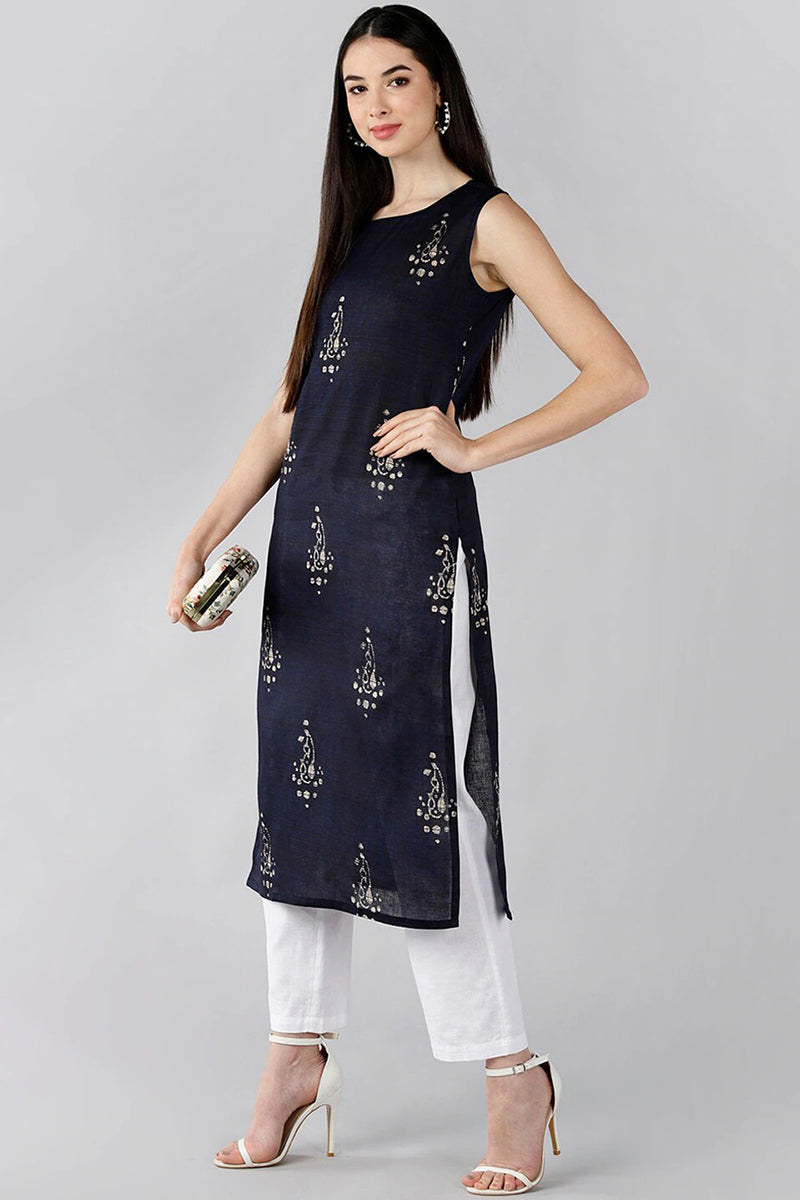 Navy Blue Cotton Paisley Straight Kurta VCK8489