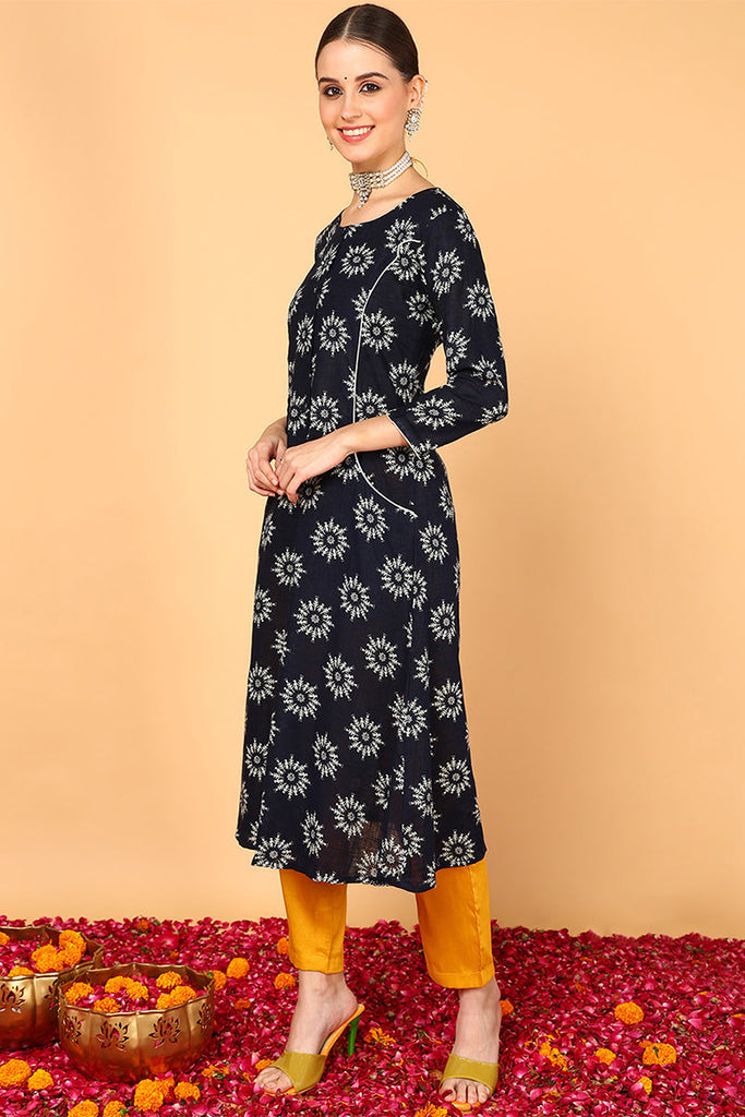 Navy Blue Cotton A-Line Kurta VCK8502