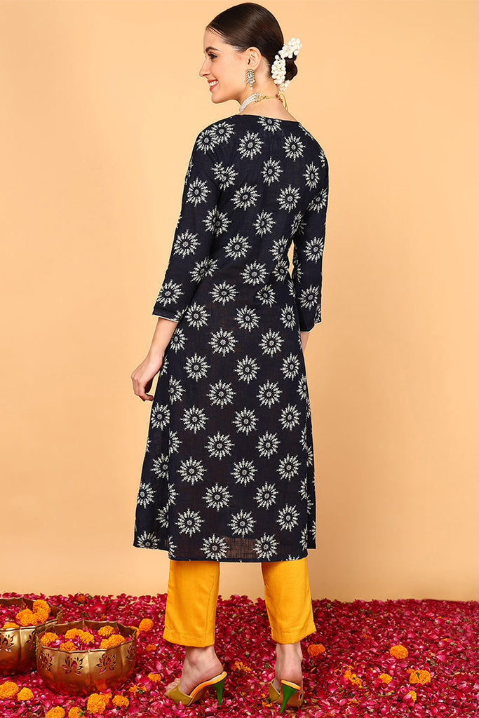 Navy Blue Cotton A-Line Kurta VCK8502