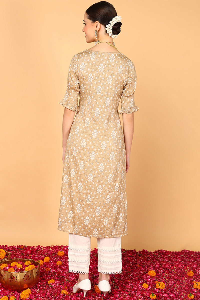 Beige Cotton Ethnic Motifs Kurta VCK8511