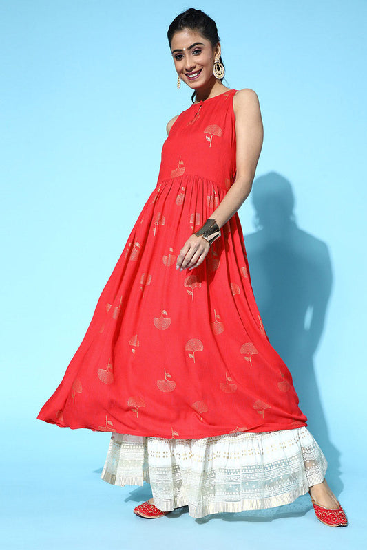  Attractive Red Cotton Ethnic Motifs Kurta Crafted with a flared