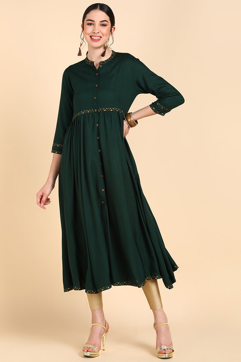   Women Green Yoke Design Flared Sleeves Thread Work Anarkali Kurta