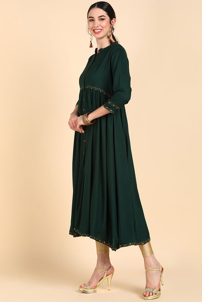   Women Green Yoke Design Flared Sleeves Thread Work Anarkali Kurta