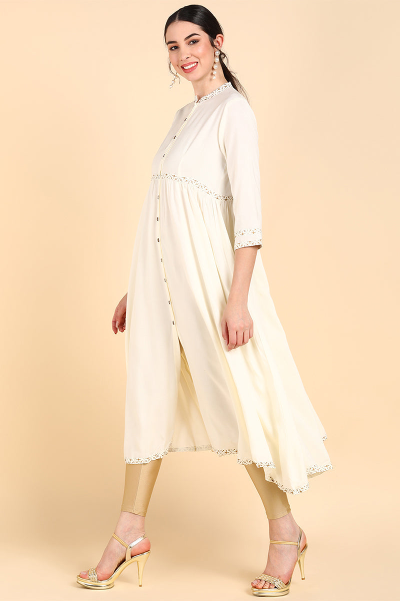 Cream-Coloured & white alyssum Gotta Patti Anarkali Kurta