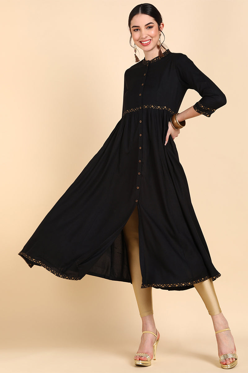 Black Cold-Shoulder Sleeves Anarkali Kurta