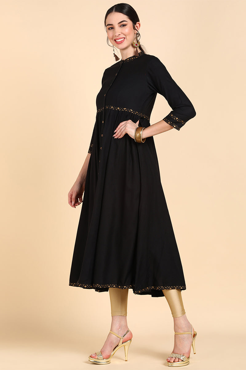 Black Cold-Shoulder Sleeves Anarkali Kurta