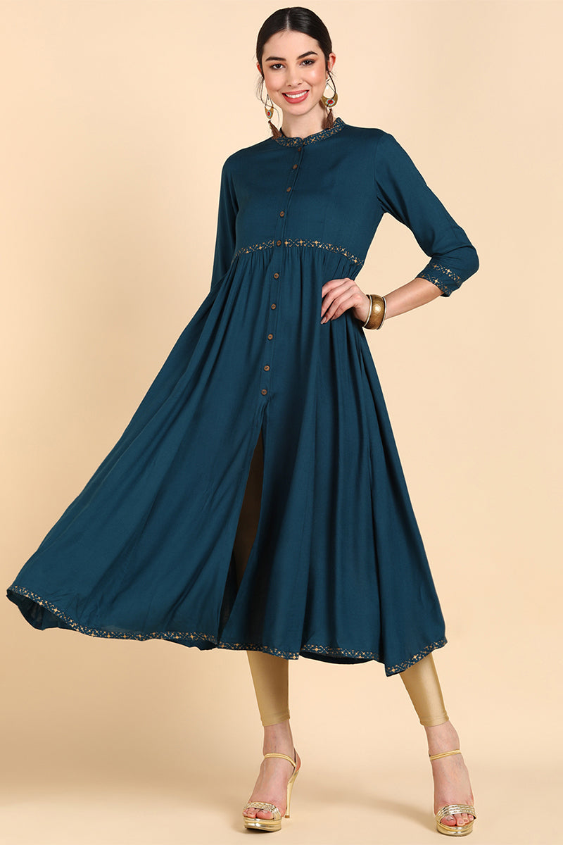 Teal Yoke Design Flared Sleeves Thread Work Anarkali Kurta