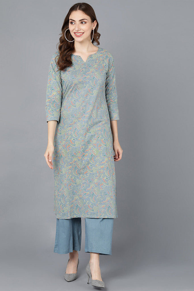  Women Blue Cotton Printed Kurta