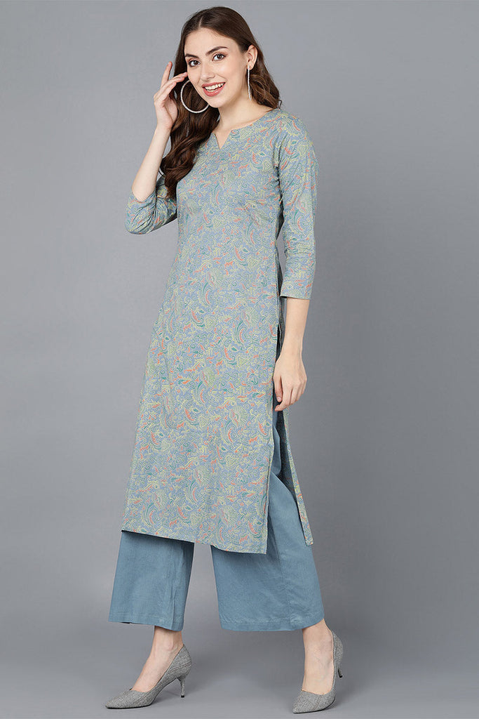  Women Blue Cotton Printed Kurta