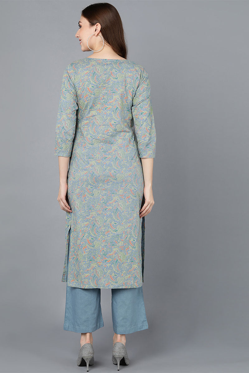  Women Blue Cotton Printed Kurta